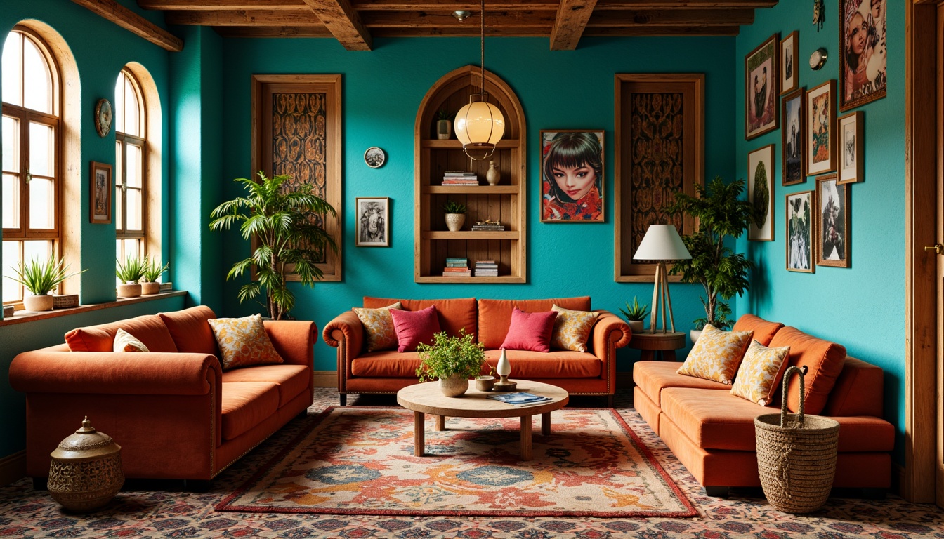 Prompt: Vibrant artistic studio, eclectic bohemian decor, rich turquoise walls, distressed wood accents, plush velvet sofas, Moroccan-inspired tiles, bold geometric patterns, warm golden lighting, shallow depth of field, 1/1 composition, realistic textures, ambient occlusion.