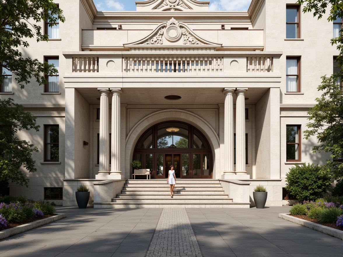 Prompt: Elegant school facade, classical columns, ornate details, symmetrical composition, neutral color palette, limestone walls, granite foundation, tall windows, arched entrances, copper roofing, intricate moldings, subtle ornamentation, natural stone textures, soft warm lighting, shallow depth of field, 1/1 composition, realistic renderings, ambient occlusion.Please let me know if this meets your requirements!