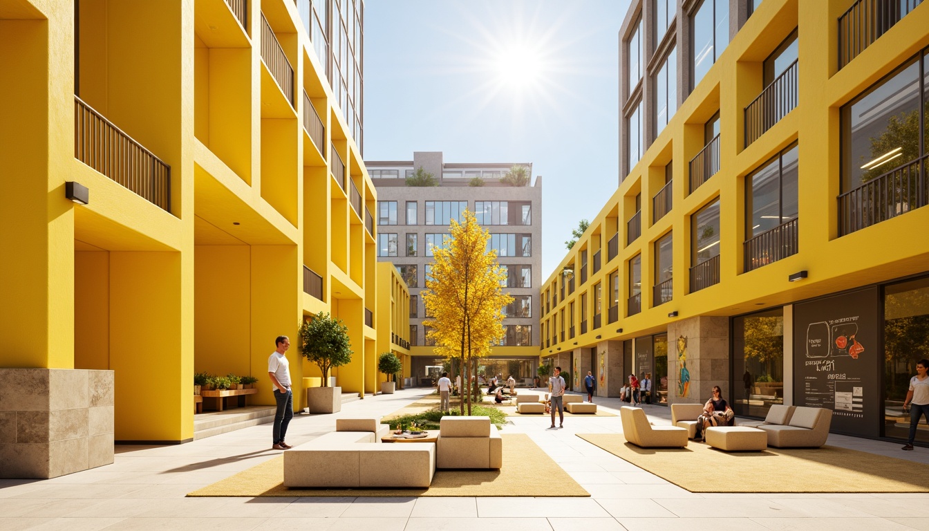 Prompt: Vibrant yellow accents, modern architectural design, sleek glass facades, sun-kissed buildings, warm beige stone walls, bright citrus hues, optimistic atmosphere, natural light pouring in, open airy spaces, minimalist decor, cheerful furniture pieces, pop of color, bold typography, geometric patterns, abstract artwork, sunny day, shallow depth of field, 3/4 composition, panoramic view, realistic textures, ambient occlusion.