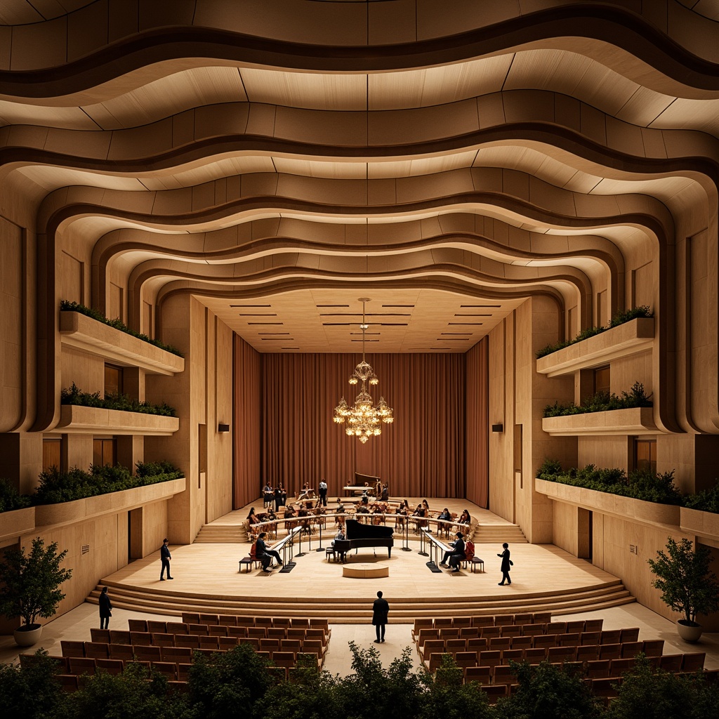 Prompt: Curved concert hall, undulating walls, natural wood accents, warm beige tones, irregular stone patterns, flowing staircases, dynamic lighting systems, acoustic panels, sound-absorbing materials, intimate performance spaces, grand pianos, velvet curtains, elegant chandeliers, soft golden lighting, shallow depth of field, 1/1 composition, realistic textures, ambient occlusion, lush greenery, outdoor amphitheater, starry night sky.