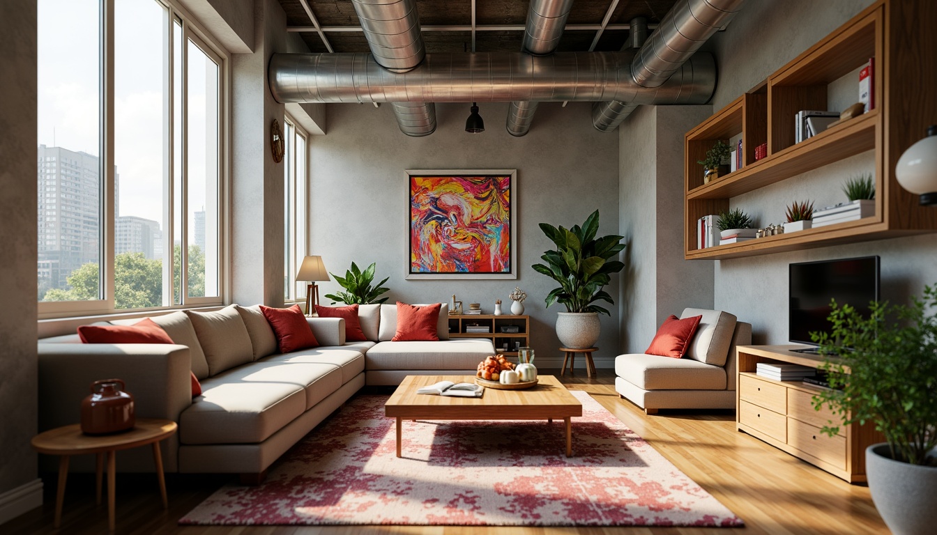 Prompt: Cozy living room, plush sofas, wooden coffee tables, modern minimalist decor, floor-to-ceiling windows, natural daylight, soft warm lighting, textured rugs, industrial-chic exposed ductwork, eclectic artwork, vibrant colorful accents, functional shelving units, sleek low-profile furniture, built-in storage solutions, ergonomic seating, ambient atmospheric soundscapes, 1/1 composition, shallow depth of field.