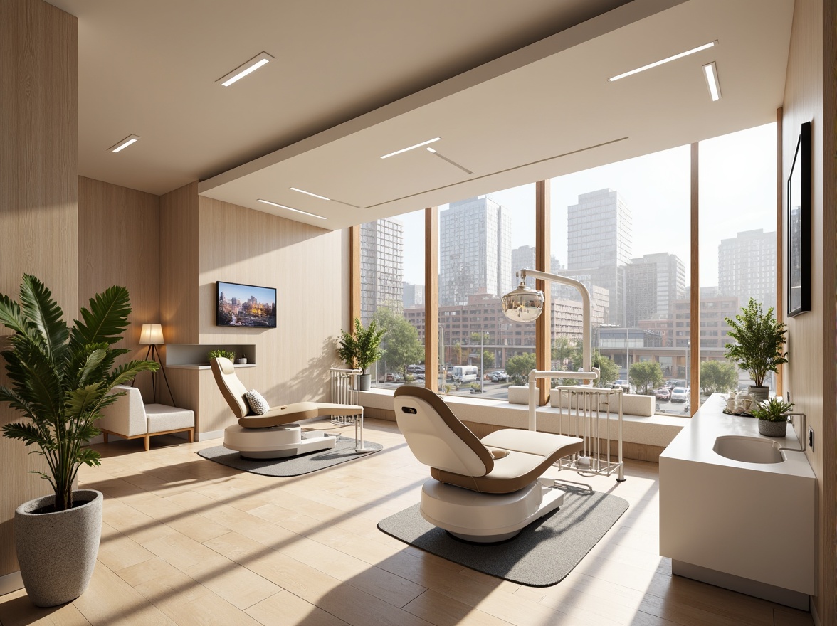 Prompt: Sleek dental clinic, modern minimalist interior, polished chrome accents, glossy white surfaces, soft LED lighting, ergonomic furniture, curved lines, warm beige tones, calming atmosphere, natural stone floors, large windows, urban cityscape views, busy street scenes, morning sunlight, shallow depth of field, 1/2 composition, realistic textures, ambient occlusion.