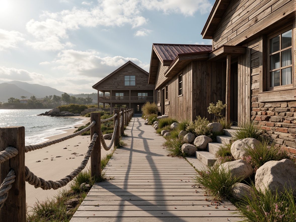 Prompt: Weathered wooden planks, rusty metal accents, driftwood fences, sandy dunes, ocean views, salty mist, sea spray, coastal erosion, rough stone walls, weathered brick facades, corrugated iron roofs, nautical rope details, distressed wood doors, beachy color palette, soft warm lighting, shallow depth of field, 1/2 composition, realistic textures, ambient occlusion.