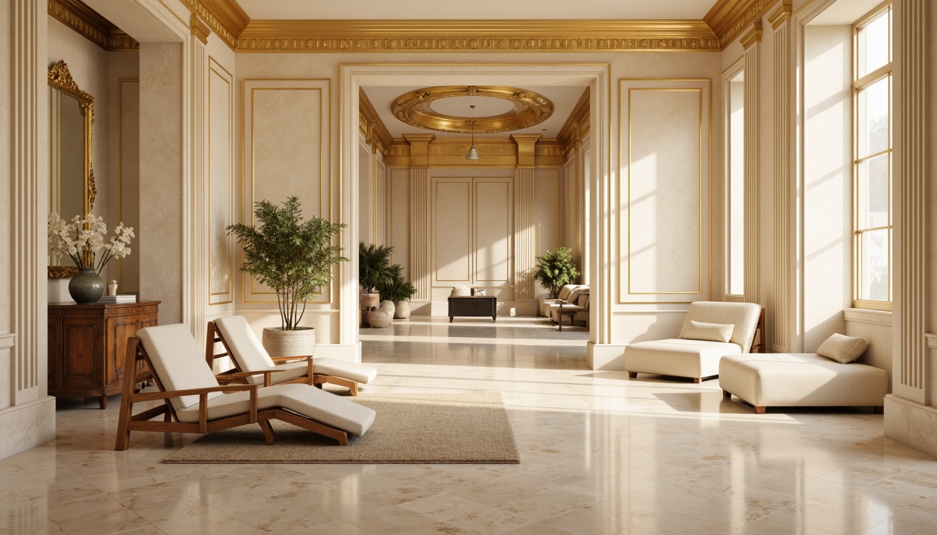 Prompt: Creamy marble floors, ornate gold accents, soft beige walls, elegant columns, refined wood furniture, luxurious velvet upholstery, subtle cream molding, warm champagne lighting, shallow depth of field, 1/1 composition, realistic textures, ambient occlusion, serene atmosphere, tranquil ambiance, soothing color palette, harmonious neoclassical design, fitness equipment with sleek lines, modern minimalist aesthetic, natural stone weights, polished metal bars, spa-inspired relaxation area, calming sound effects.