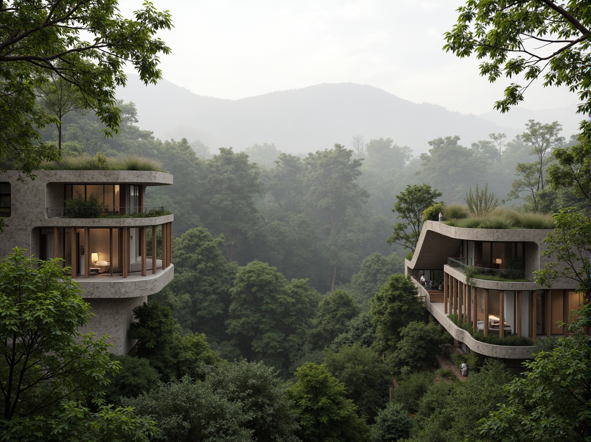 Prompt: Seamless landscape integration, organic curves, natural stone walls, wooden accents, lush green roofs, cantilevered structures, panoramic views, surrounding forest, misty atmosphere, soft warm lighting, 1/1 composition, realistic foliage, ambient occlusion, minimalist design, sustainable materials, eco-friendly architecture, blurred boundaries, harmonious coexistence.