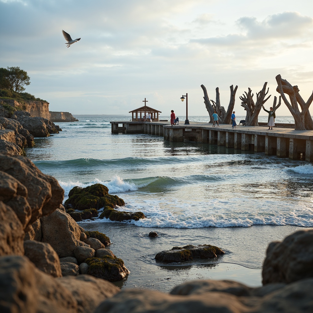 Prompt: Rustic wooden docks, weathered beach stones, driftwood sculptures, sandy shores, ocean waves, seagulls flying overhead, salty air, warm sunlight, natural rock formations, tidal pools, seaweed-covered rocks, coral reefs, ocean spray, misty mornings, shallow depth of field, 1/2 composition, soft focus, realistic textures, ambient occlusion.