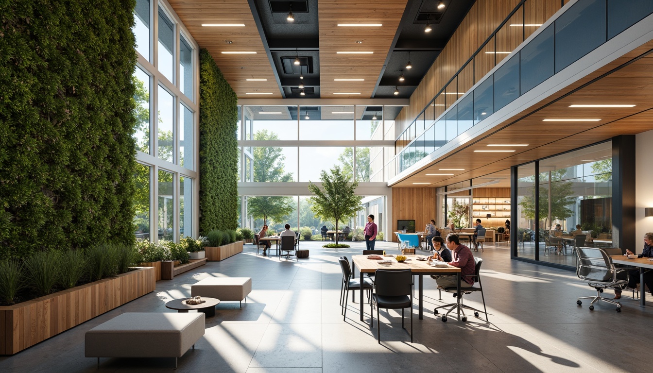 Prompt: Modern office building, open floor plan, collaborative workspaces, sleek glass partitions, wooden accents, minimalist decor, flexible desks, ergonomic chairs, abundant natural light, high ceilings, vertical green walls, LED lighting systems, geometric patterns, 3/4 composition, shallow depth of field, soft warm lighting, realistic textures, ambient occlusion.