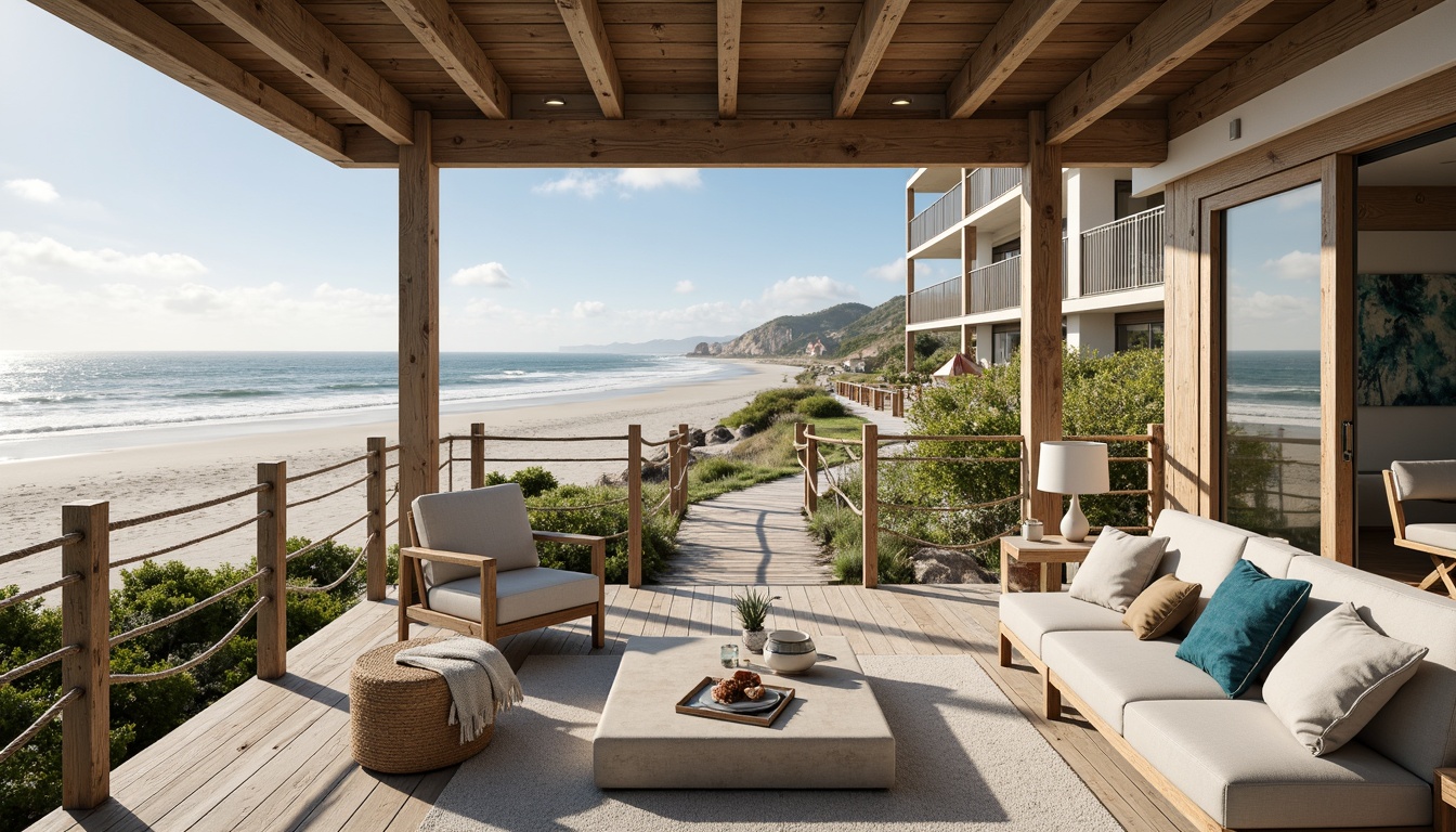 Prompt: \Coastal residence, oceanfront location, sandy beach, rocky shores, driftwood accents, weathered wooden decks, nautical rope railings, seashell-inspired decor, soft blue-green color palette, natural textiles, open-plan living areas, floor-to-ceiling windows, sliding glass doors, panoramic sea views, shallow depth of field, 1/1 composition, warm golden lighting, realistic wave simulations, ambient ocean sounds.\