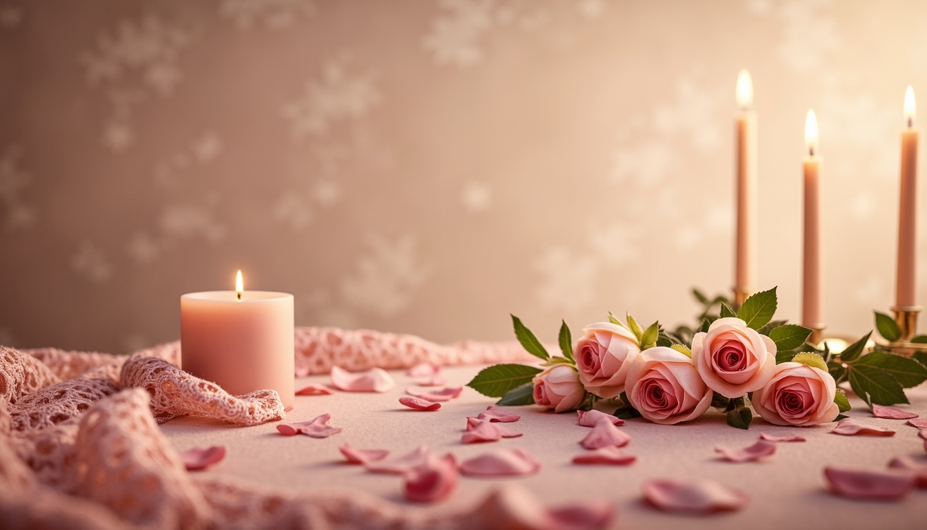 Prompt: Soft rose hues, gentle blush tones, warm beige background, delicate floral patterns, intricate lace details, romantic candlelight, soft focus, shallow depth of field, 1/1 composition, intimate atmosphere, feminine touch, luxurious fabrics, velvet textures, golden accents, subtle gradient effects, whimsical illustrations, elegant typography, ornate frames, vintage inspirations.