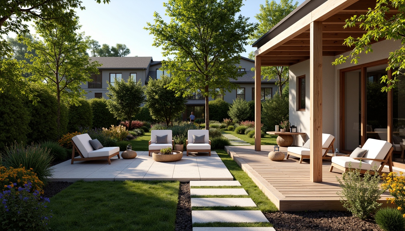 Prompt: Cozy backyard patio, lush greenery, vibrant flowers, comfortable outdoor furniture, soft cushions, warm lanterns, natural stone pathways, wooden decks, modern pergola, retractable canopy, sunny afternoon, soft warm lighting, shallow depth of field, 3/4 composition, panoramic view, realistic textures, ambient occlusion.