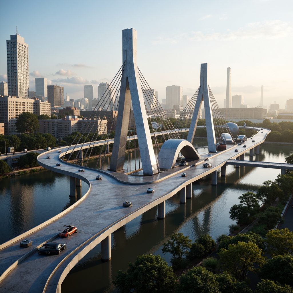 Prompt: Curved vehicular bridges, irregular shapes, bold color schemes, metallic materials, glossy finishes, futuristic architecture, dynamic lines, swooping curves, cantilevered structures, suspension systems, urban landscapes, city skylines, morning fog, soft warm lighting, shallow depth of field, 1/1 composition, cinematic view, realistic reflections, ambient occlusion.