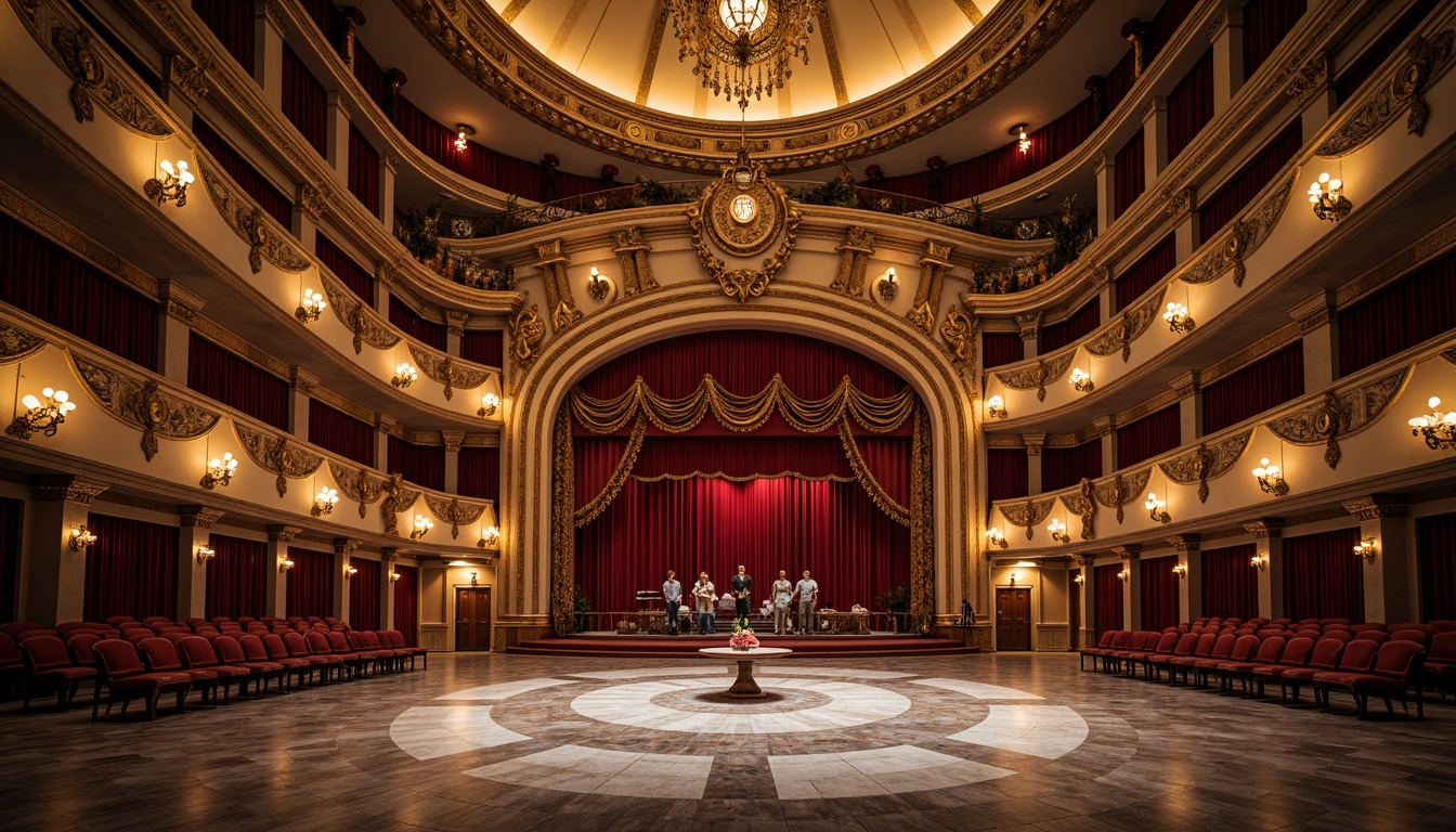 Prompt: Grand opera house, sweeping curves, majestic arches, ornate details, marble floors, grand staircases, lavish chandeliers, red velvet curtains, golden accents, opulent furnishings, intricate moldings, Baroque-inspired design, dramatic lighting, spotlights, warm glow, 1/2 composition, low-angle shot, cinematic atmosphere, realistic textures, ambient occlusion.