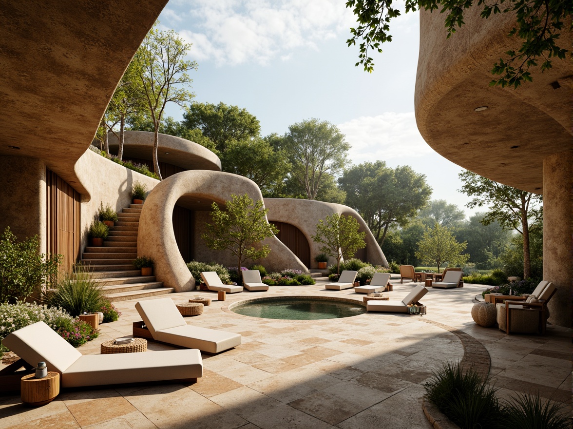 Prompt: Earth-toned organic architecture, curved lines, natural stone walls, wooden accents, lush green roofs, blooming flowers, serene ambiance, warm soft lighting, shallow depth of field, 3/4 composition, panoramic view, realistic textures, ambient occlusion, earthy color palette, muted tones, soothing atmosphere, calming environment, natural materiality, rustic charm, cozy nooks, intimate spaces, curved staircases, wooden furniture, woven textiles, nature-inspired patterns.