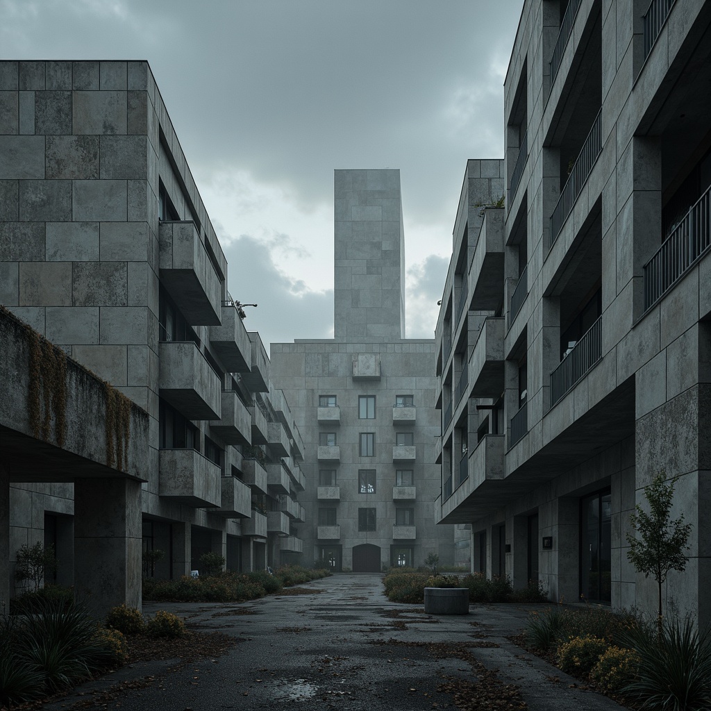 Prompt: Raw concrete textures, brutalist architecture, urban landscape, industrial atmosphere, rugged forms, monolithic structures, fortress-like buildings, dramatic lighting, deep shadows, bold geometric shapes, minimalist decor, functional aesthetics, cold color palette, atmospheric mist, cinematic mood, low-angle composition, high-contrast ratio, realistic rendering.