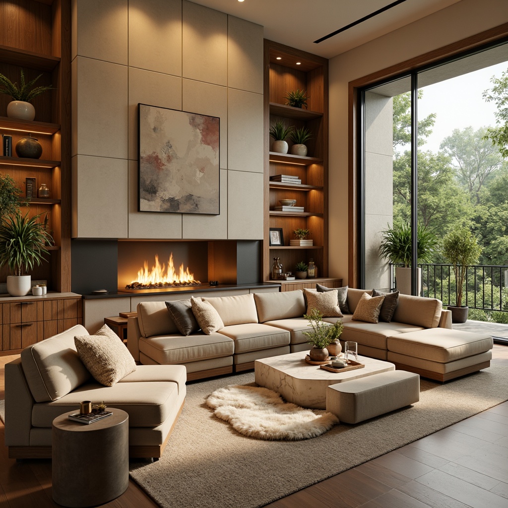 Prompt: Cozy living room, plush velvet sofas, warm beige walls, rich wood accents, soft golden lighting, comfortable throw pillows, elegant marble coffee tables, lush greenery, floor-to-ceiling windows, natural stone fireplaces, modern minimalist decor, abstract artwork, soft cream carpets, intimate seating areas, relaxing ambiance, calming color palette, 1/1 composition, warm inviting atmosphere, realistic textures, subtle shading.