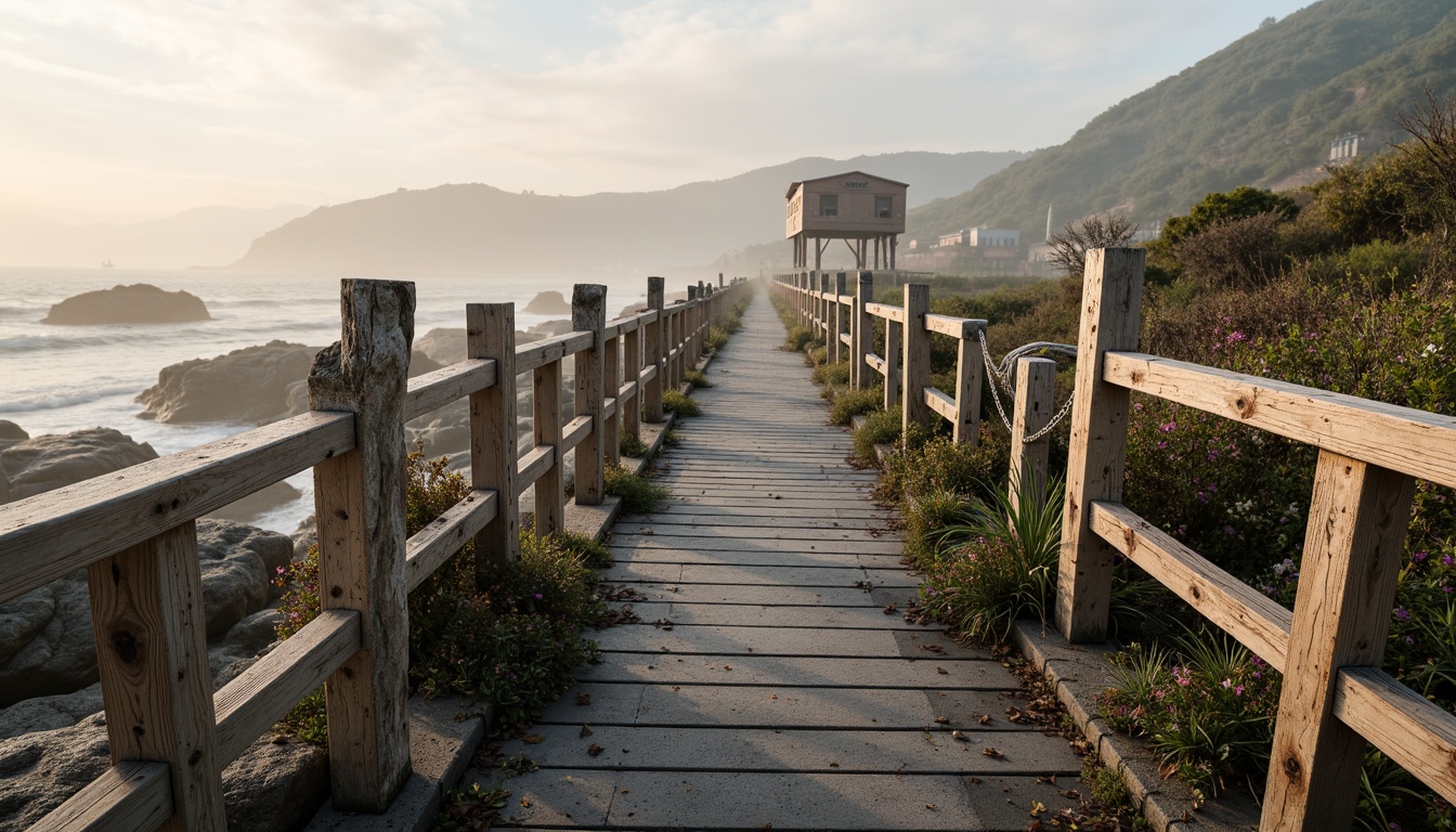 Prompt: Rustic coastal bridge, weathered wood railings, distressed metal beams, rough stone piers, driftwood accents, ocean-battered concrete foundations, salt-crusted steel cables, wind-whipped ropes, misty atmospheric effects, soft warm lighting, shallow depth of field, 1/1 composition, panoramic view, realistic textures, ambient occlusion.