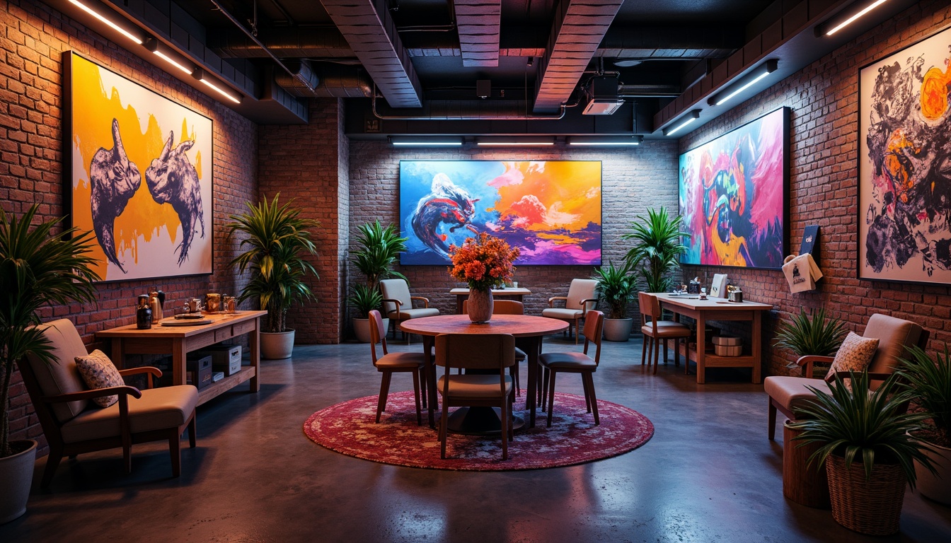 Prompt: Vibrant art studio, eclectic color palette, bold brushstrokes, abstract expressionism, textured canvases, metallic accents, neon lights, futuristic atmosphere, industrial chic decor, reclaimed wood furniture, exposed brick walls, natural stone flooring, dramatic shadows, moody lighting, 1/2 composition, cinematic view, realistic rendering.