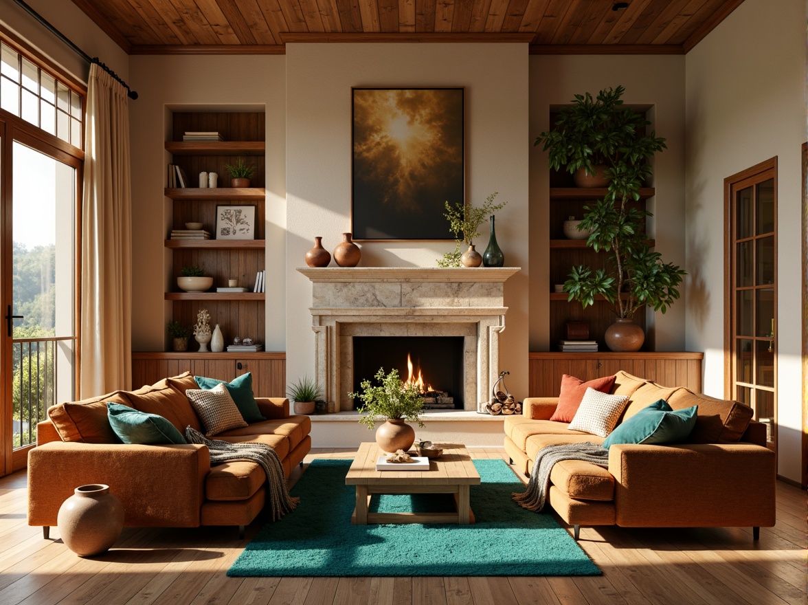 Prompt: Cozy living room, warm beige walls, rich walnut wood accents, plush velvet sofas, soft golden lighting, comfortable throw blankets, vibrant turquoise rugs, natural stone fireplace, earthy terracotta vases, lush greenery, sunny afternoon, relaxed atmosphere, 1/1 composition, intimate setting, warm color harmony, inviting textures.