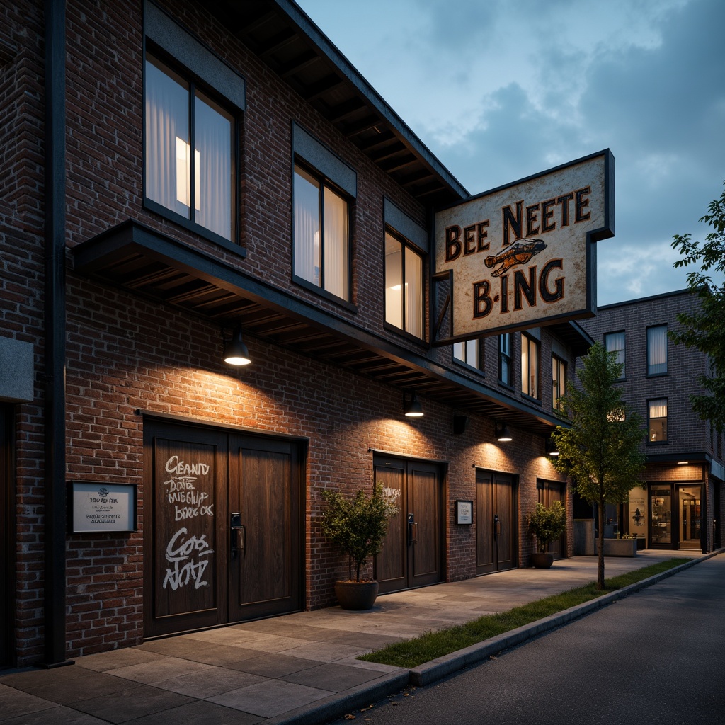 Prompt: Rustic warehouse facade, exposed brick walls, metal accents, industrial windows, corrugated steel roofs, vintage signage, distressed wooden doors, urban alleys, graffiti art, moody evening lighting, shallow depth of field, 2/3 composition, cinematic view, realistic textures, ambient occlusion.