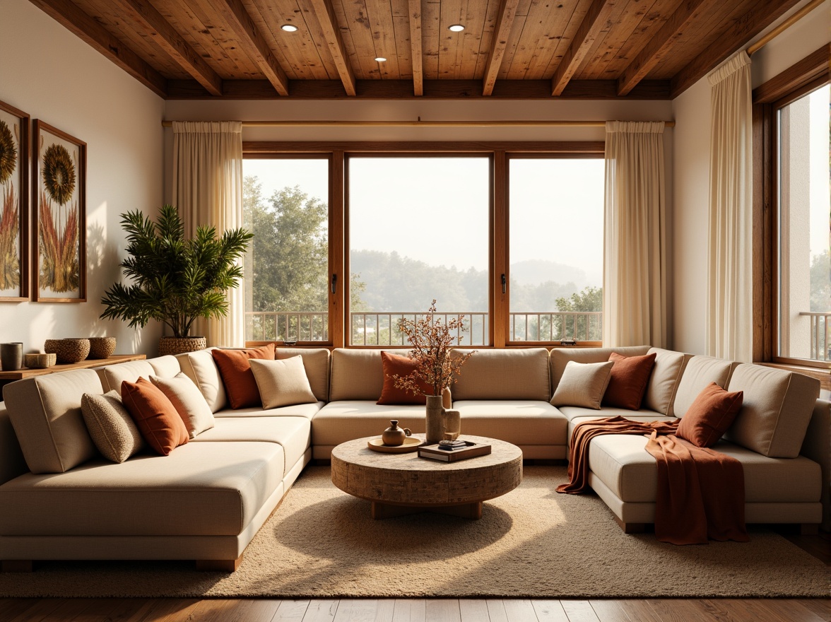 Prompt: Cozy living room, warm beige walls, plush velvet furniture, rich wood accents, soft golden lighting, creamy whites, earthy terracotta tones, natural textiles, woven baskets, pampas grass decorations, rustic metal frames, oversized windows, blooming flower arrangements, subtle gradient effects, atmospheric depth of field, 1/2 composition, warm color harmony, inviting ambiance.