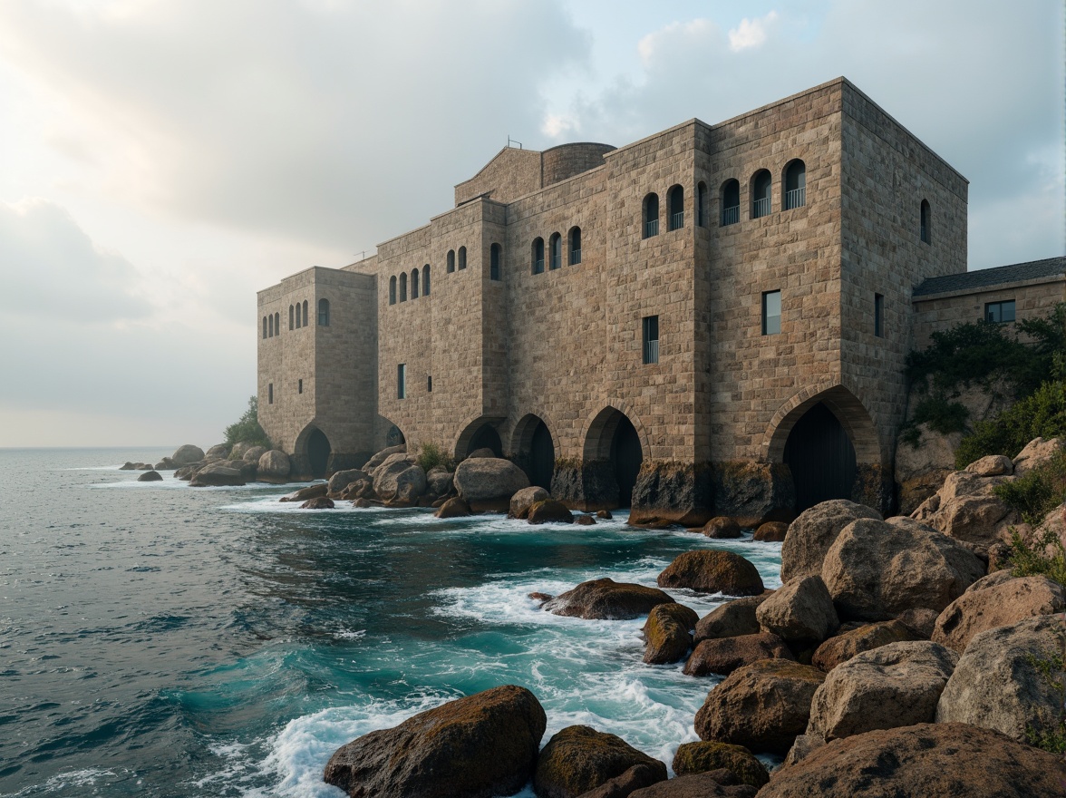 Prompt: Majestic monolithic structure, rugged coastal landscape, rocky shores, crashing ocean waves, salty sea air, weathered stone fa\u00e7ade, curved lines, brutalist architecture, fortified walls, dramatic cantilevered roofs, panoramic ocean views, misty atmosphere, soft warm lighting, shallow depth of field, 3/4 composition, realistic textures, ambient occlusion.