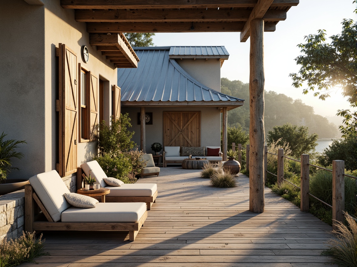 Prompt: Rustic coastal cottage, weathered wood planks, driftwood accents, sea-salt-eroded stone walls, corrugated metal roofs, nautical-themed decorations, ocean-inspired color palette, sandy beige tones, soft blue hues, misty morning light, warm golden sunlight, shallow depth of field, 1/1 composition, symmetrical architecture, natural textures, ambient occlusion.