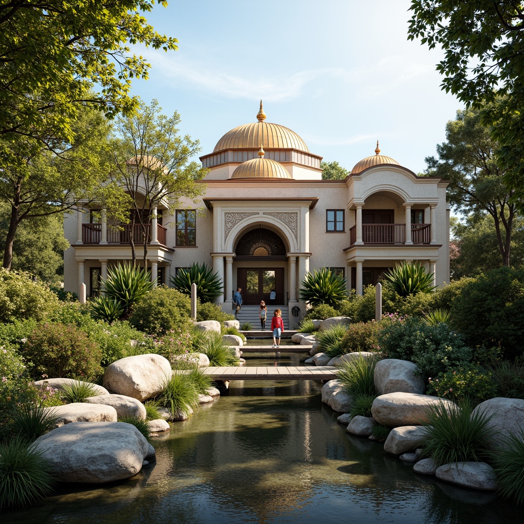 Prompt: \Majestic zoo entrance, Byzantine-inspired architecture, ornate stone carvings, golden domes, lush greenery, exotic plants, walking paths, rustic wooden bridges, tranquil water features, natural rock formations, meandering streams, sunny day, warm soft lighting, shallow depth of field, 3/4 composition, panoramic view, realistic textures, ambient occlusion.\