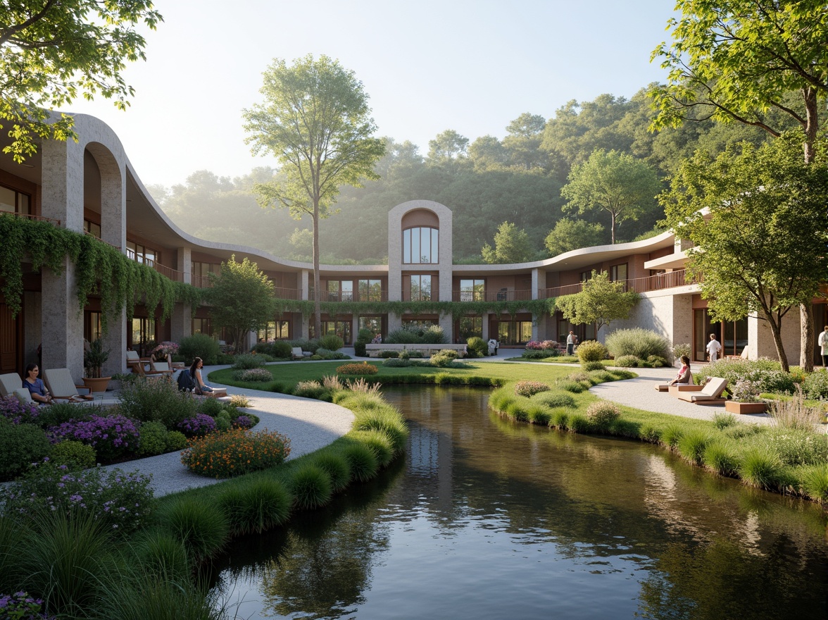 Prompt: Harmonious fusion architecture, blending modern curves, natural stone walls, green roofs, cascading water features, lush vegetation, vibrant flowers, winding walkways, wooden decks, panoramic views, serene lakeside, misty morning, soft warm lighting, shallow depth of field, 3/4 composition, realistic textures, ambient occlusion.