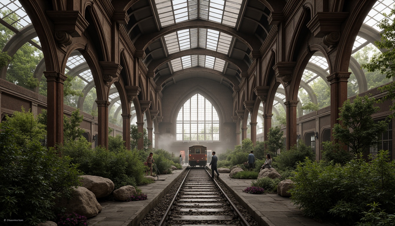 Prompt: Majestic gothic train station, grand arches, ribbed vaults, flying buttresses, ornate stone carvings, stained glass windows, intricate ironwork, lush greenery, natural rock formations, misty atmosphere, dramatic lighting, shallow depth of field, 1/2 composition, symmetrical framing, warm color palette, ambient occlusion, realistic textures.