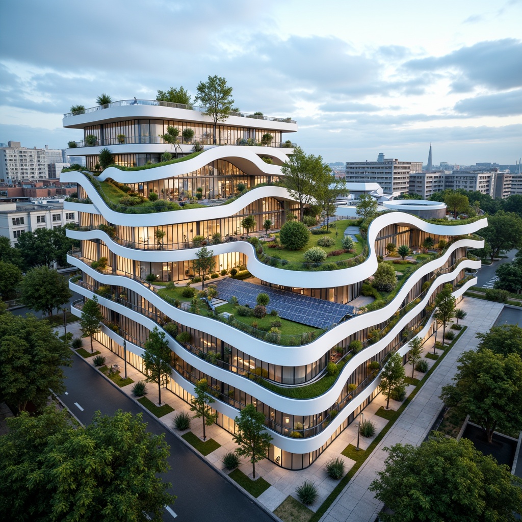 Prompt: Eco-friendly buildings, green roofs, solar panels, wind turbines, rainwater harvesting systems, recycled materials, low-carbon footprint, energy-efficient systems, natural ventilation, large windows, minimal waste generation, organic shapes, curved lines, futuristic architecture, vibrant colorful accents, modern urban landscape, cloudy blue sky, soft warm lighting, 3/4 composition, realistic textures, ambient occlusion.