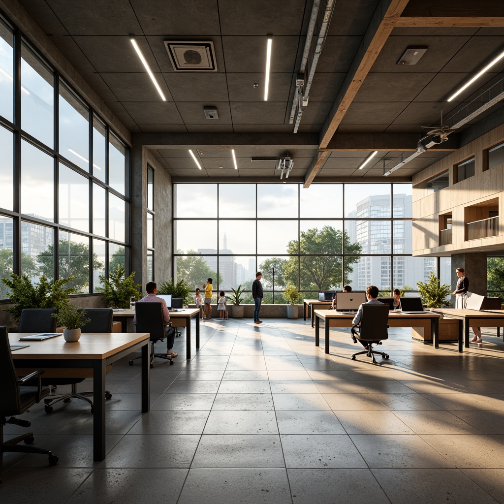 Prompt: Modern office space, open floor plan, minimalist decor, sleek metal desks, ergonomic chairs, collaborative workstations, acoustic panels, natural stone flooring, floor-to-ceiling windows, abundant natural light, soft warm lighting, 3/4 composition, shallow depth of field, realistic textures, ambient occlusion.