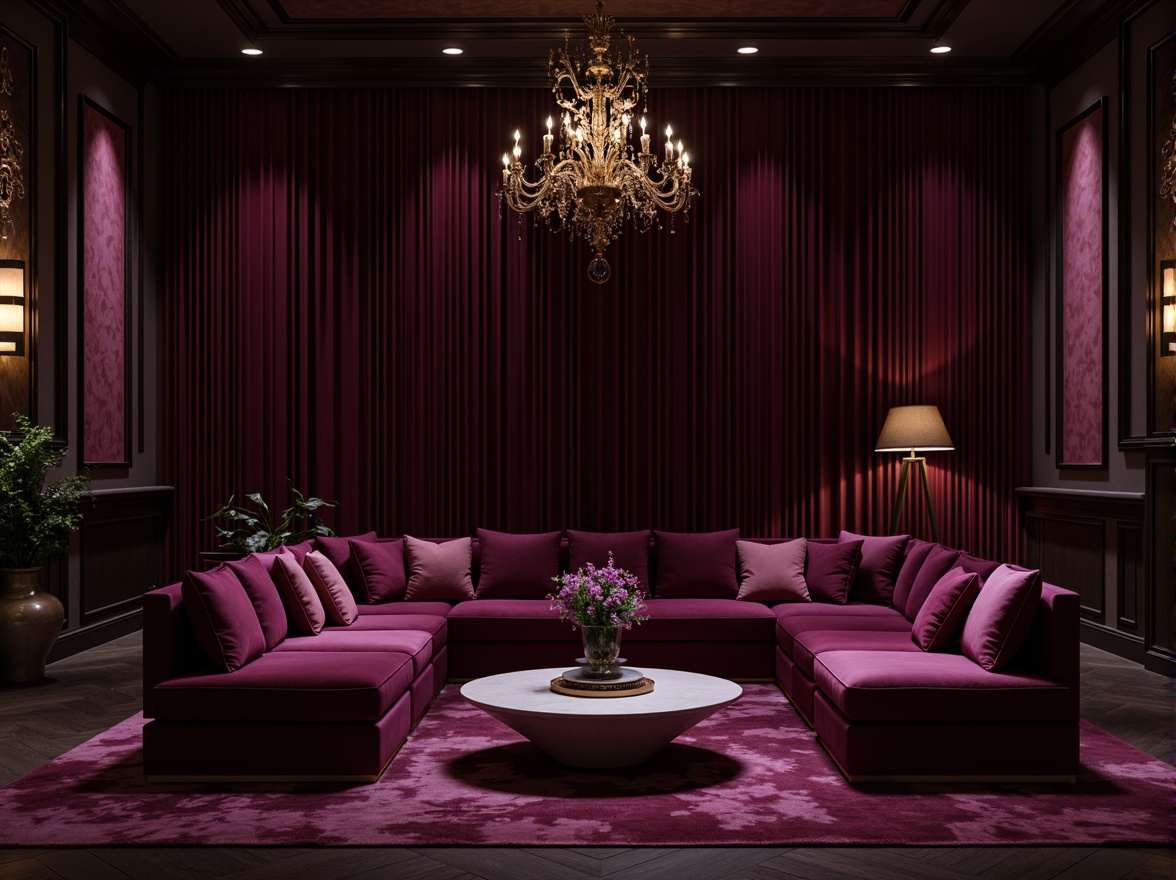 Prompt: Luxurious plum hues, rich velvet fabrics, opulent drapery, lavish furnishings, ornate golden accents, sophisticated dark wood tones, dramatic lighting effects, intimate cozy atmosphere, warm inviting ambiance, elegant classic design, refined luxurious style, soft subtle shadows, low-key backlighting, cinematic composition, atmospheric color grading.