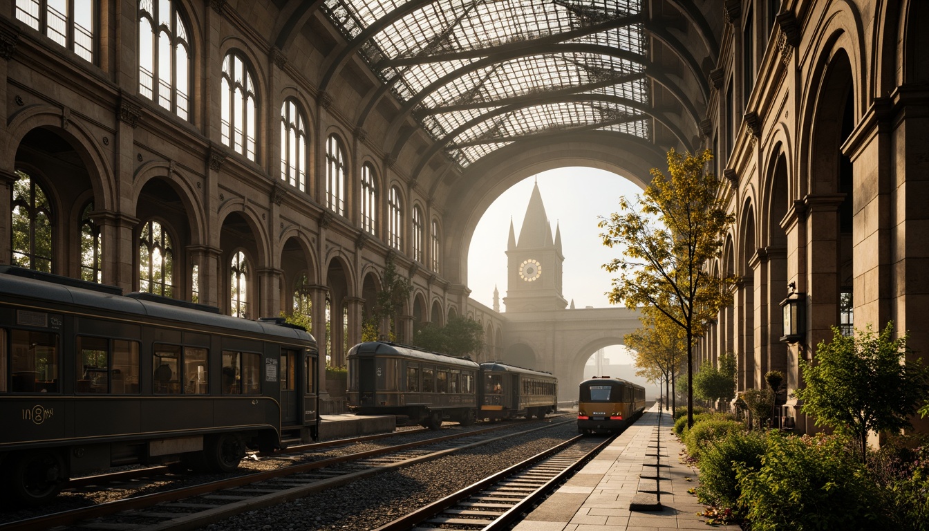 Prompt: Grandiose Gothic train station, intricate stone carvings, stained glass ceilings, ornate ironwork, lush greenery, natural light filtering, majestic clock towers, dramatic archways, mystical foggy atmosphere, atmospheric misting systems, warm golden lighting, shallow depth of field, 3/4 composition, panoramic view, realistic textures, ambient occlusion.