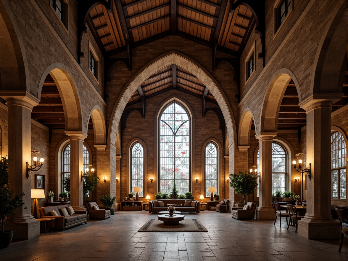 Prompt: Grand archways, rustic stone walls, earthy tones, ornate carvings, ribbed vaults, Gothic-inspired columns, pointed arches, stained glass windows, lavish furnishings, high ceilings, exposed brickwork, wooden beams, vintage industrial lighting, soft warm glow, atmospheric shadows, 1/1 composition, symmetrical framing, rich textures, cinematic mood.