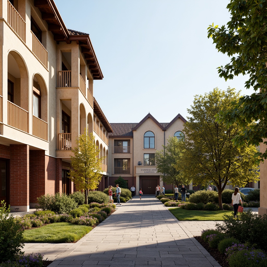 Prompt: Warm beige facade, traditional academic style, ornate stone carvings, classical columns, arched windows, brick-clad buildings, pitched roofs, lush greenery, vibrant flower beds, educational signage, natural stone pathways, bustling community square, sunny afternoon, soft warm lighting, shallow depth of field, 1/2 composition, symmetrical framing, realistic textures, ambient occlusion.