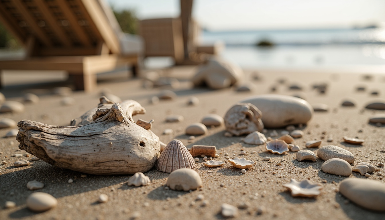 Prompt: Weathered driftwood, ocean-polished pebbles, soft sandy dunes, delicate seashells, natural fiber textiles, woven rattan furniture, reclaimed wooden accents, distressed finishes, sea-salt infused colors, misty ocean air, warm golden lighting, shallow depth of field, 1/2 composition, intimate close-up shots, realistic weathering effects, ambient occlusion.