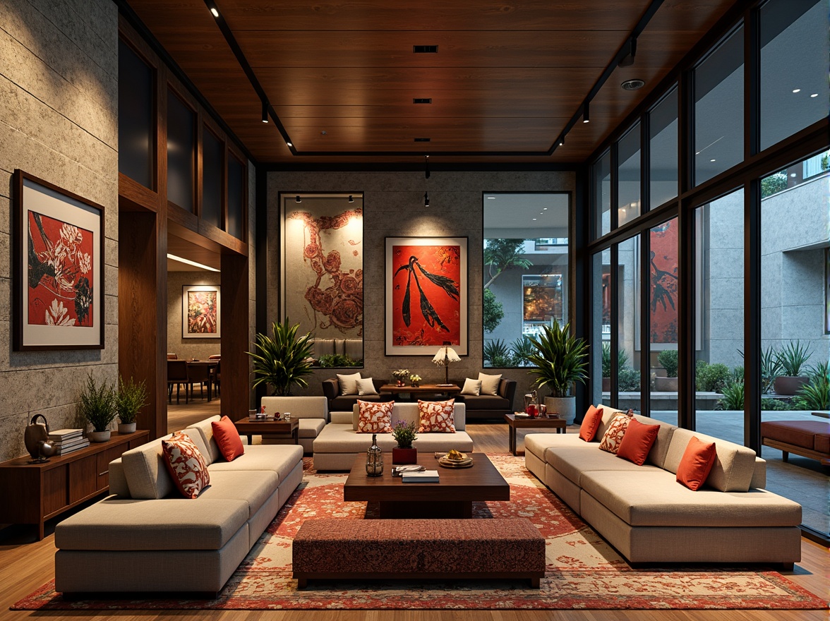 Prompt: Modern fusion-style interior, eclectic blend of cultures, vibrant color scheme, rich textures, ornate patterns, luxurious fabrics, sleek lines, minimalist decor, ambient lighting, cozy reading nooks, plush sofas, statement artwork, mixed metallic accents, wooden flooring, natural stone walls, floor-to-ceiling windows, sliding glass doors, open-plan living space, functional zoning, efficient traffic flow, harmonious balance of styles, warm inviting atmosphere, soft gentle illumination, shallow depth of field, 2/3 composition, realistic reflections, subtle ambient occlusion.