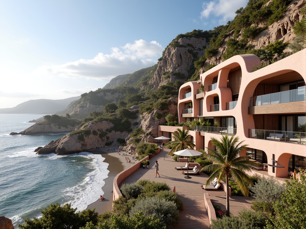 Prompt: Seaside cliffside, rugged shoreline, ocean waves, salty mist, beachy dunes, driftwood accents, weathered stone walls, curved lines, organic forms, natural ventilation, large overhangs, shaded outdoor spaces, cantilevered roofs, wooden decks, nautical-inspired railings, ocean-blue glass windows, coral-colored stucco, tropical plants, seaside boardwalks, sunny day, soft warm lighting, shallow depth of field, 3/4 composition, panoramic view, realistic textures, ambient occlusion.