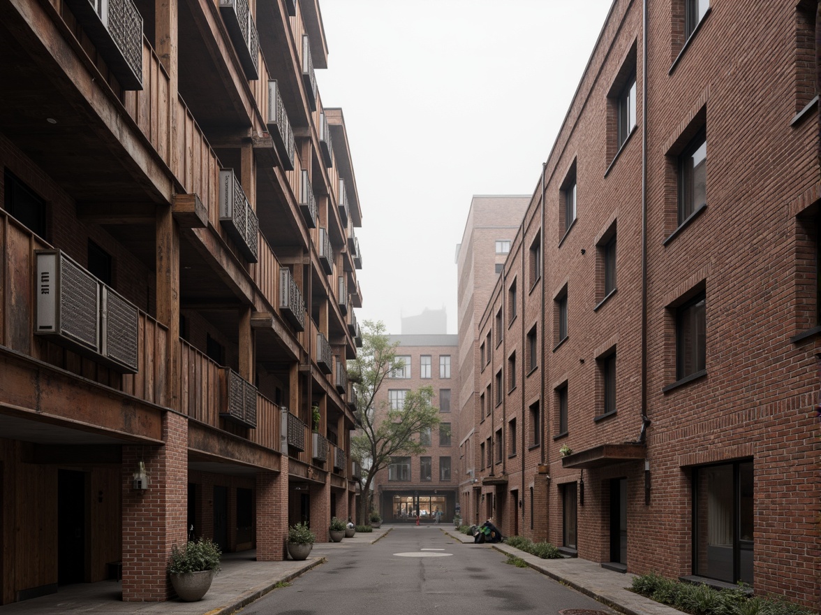 Prompt: Industrial heritage site, exposed brick facade, rusty metal accents, weathered wooden beams, reclaimed materials, urban regeneration, converted warehouses, adaptive reuse, mixed-use development, brutalist architecture, angular concrete forms, functional minimalism, industrial chic aesthetic, warm natural lighting, atmospheric foggy day, shallow depth of field, 2/3 composition, symmetrical framing, detailed textures, ambient occlusion.