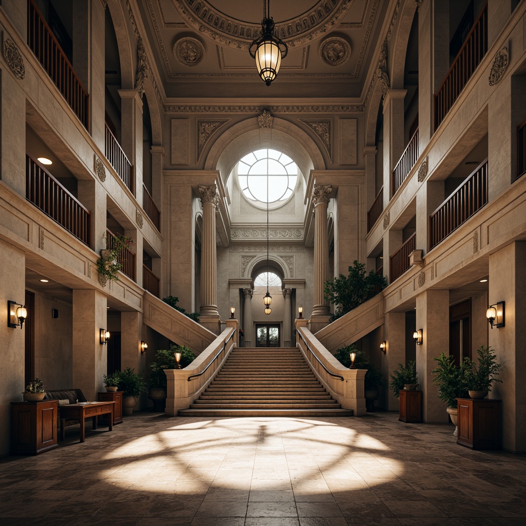 Prompt: Grand courthouse building, imposing stone facade, ornate columns, intricate carvings, symmetrical architecture, grand staircase, high ceilings, marble flooring, wooden accents, elegant chandeliers, natural light pouring, subtle shadows, nuanced textures, atmospheric lighting, shallow depth of field, 1/1 composition, realistic rendering, ambient occlusion.