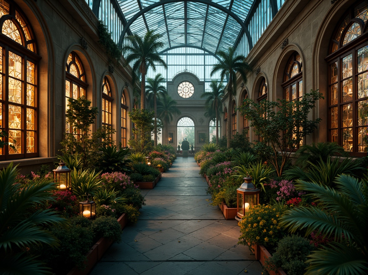 Prompt: Mysterious greenhouse, lush tropical plants, intricate Gothic arches, ornate stone carvings, stained glass windows, mystical lanterns, misty atmosphere, eerie fog, warm golden lighting, soft diffused shadows, rich emerald greens, deep berry reds, muted earthy browns, weathered copper accents, velvety black backgrounds, subtle gradient effects, 1/1 composition, dramatic low-angle shot, cinematic mood, high-contrast ratio.