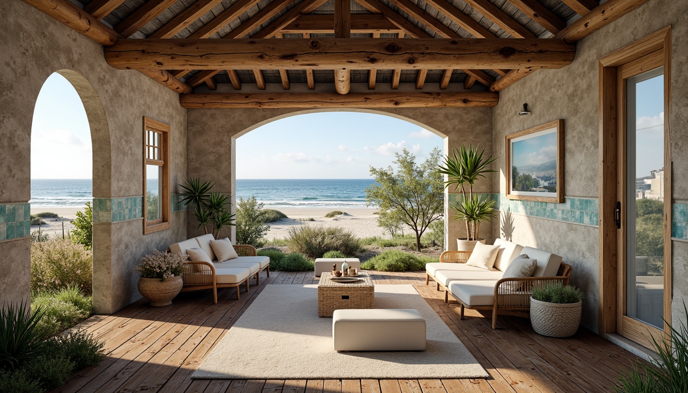 Prompt: Rustic coastal cottage, weathered wooden planks, driftwood accents, sandy dunes, ocean waves, sea salt air, natural stone walls, rough-hewn pavers, distressed finishes, vintage nautical elements, faded naval flags, woven sea grass, coral-inspired patterns, turquoise glass tiles, beachy keystone arches, soft warm lighting, high dynamic range, 1/2 composition, cinematic depth of field.