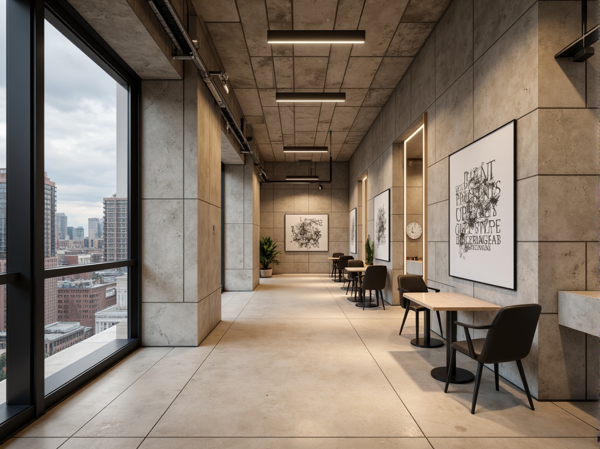 Prompt: Industrial bank interior, brutalist architecture, exposed concrete walls, metallic columns, functional minimalism, monochromatic color scheme, muted earth tones, beige concrete floors, industrial-style lighting fixtures, steel beams, minimalist decor, geometric patterns, abstract artwork, bold typography, urban cityscape views, cloudy day, soft diffused lighting, shallow depth of field, 1/1 composition, realistic textures, ambient occlusion.