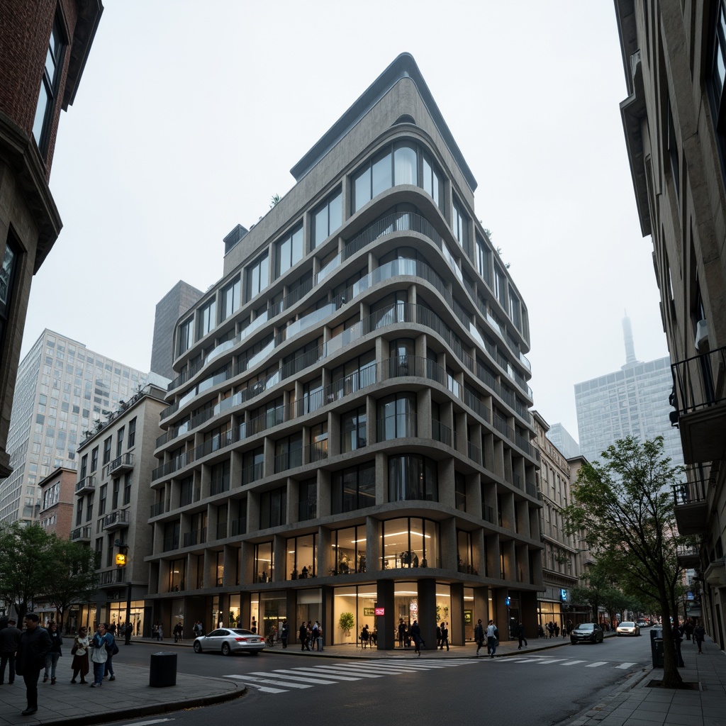 Prompt: Monumental bank building, Constructivist facade, geometric shapes, intersecting planes, industrial materials, exposed concrete, metallic accents, cantilevered structures, asymmetrical composition, dramatic lighting, intense shadows, urban cityscape, busy streets, morning fog, low-angle shot, 1/2 composition, high-contrast colors, gritty textures, atmospheric mist.