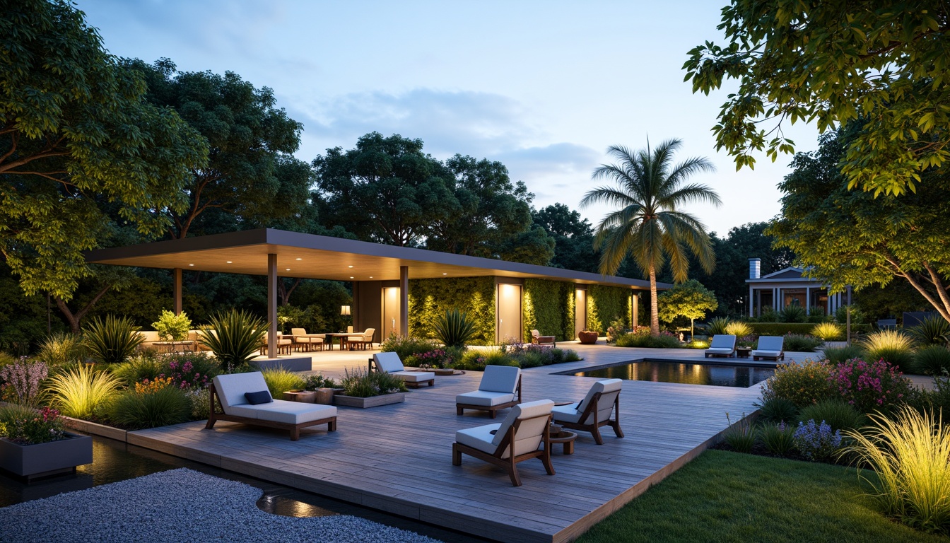 Prompt: Modern residence, sleek lines, minimalist design, lush greenery, vibrant flowers, natural stone walkways, wooden decks, geometric-shaped planters, succulent gardens, vertical green walls, ambient outdoor lighting, warm LED glow, shallow depth of field, 3/4 composition, panoramic view, realistic textures, soft focus background, serene atmosphere, calm water features, reflecting pools, raked gravel pathways.