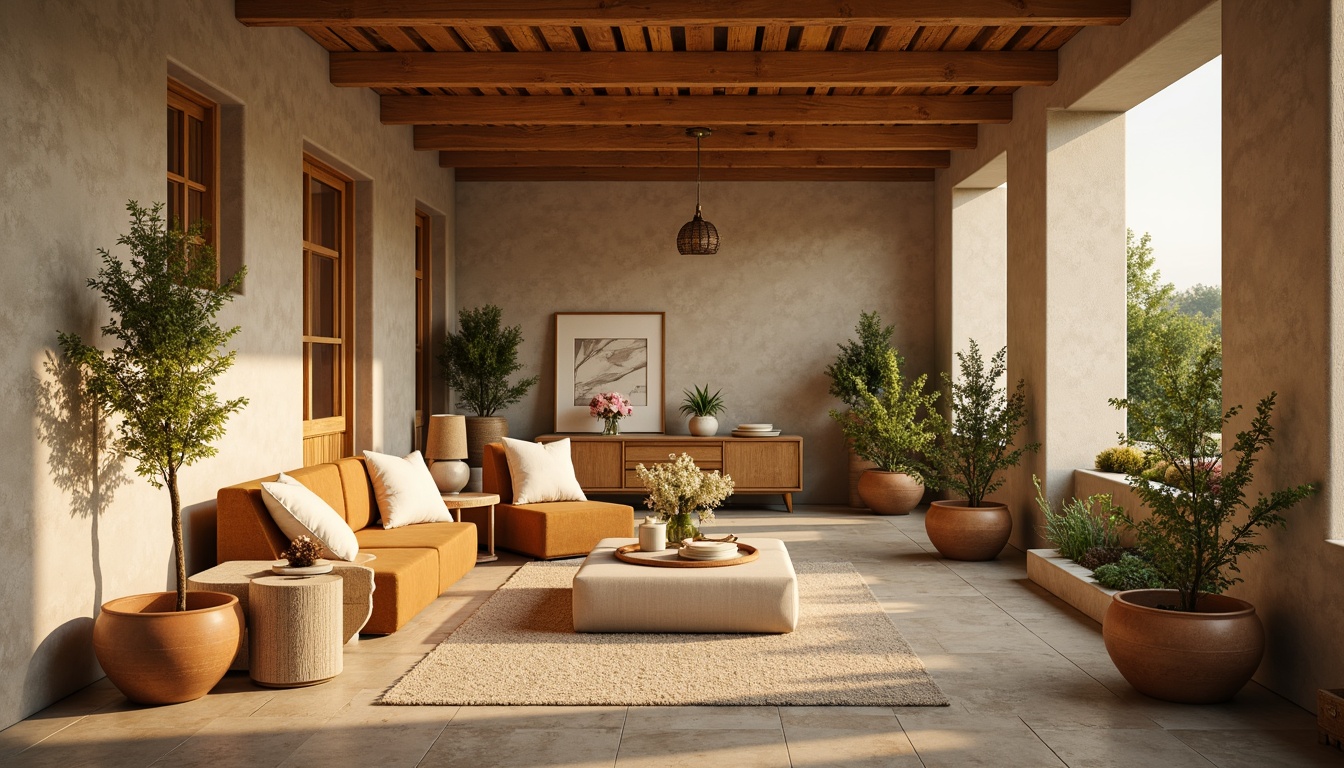 Prompt: Warm beige walls, rich wood accents, soft golden lighting, plush velvet furniture, natural stone floors, earthy terracotta pots, lush greenery, vibrant floral arrangements, creamy whites, warm neutrals, inviting textures, cozy atmosphere, relaxing ambiance, serene color scheme, 1/1 composition, soft focus, warm glow, intimate setting.