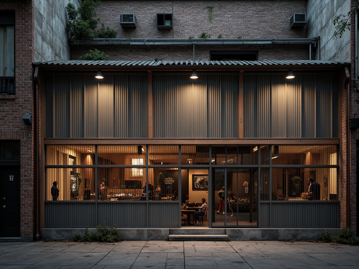 Prompt: Rustic warehouse facade, industrial metal cladding, weathered wooden accents, corrugated iron roofs, distressed brick walls, exposed ductwork, metal grids, functional windows, minimalist signage, urban alleyway setting, dimly lit atmosphere, warm color palette, rough textures, shallow depth of field, 1/2 composition, dramatic shadows, ambient occlusion.