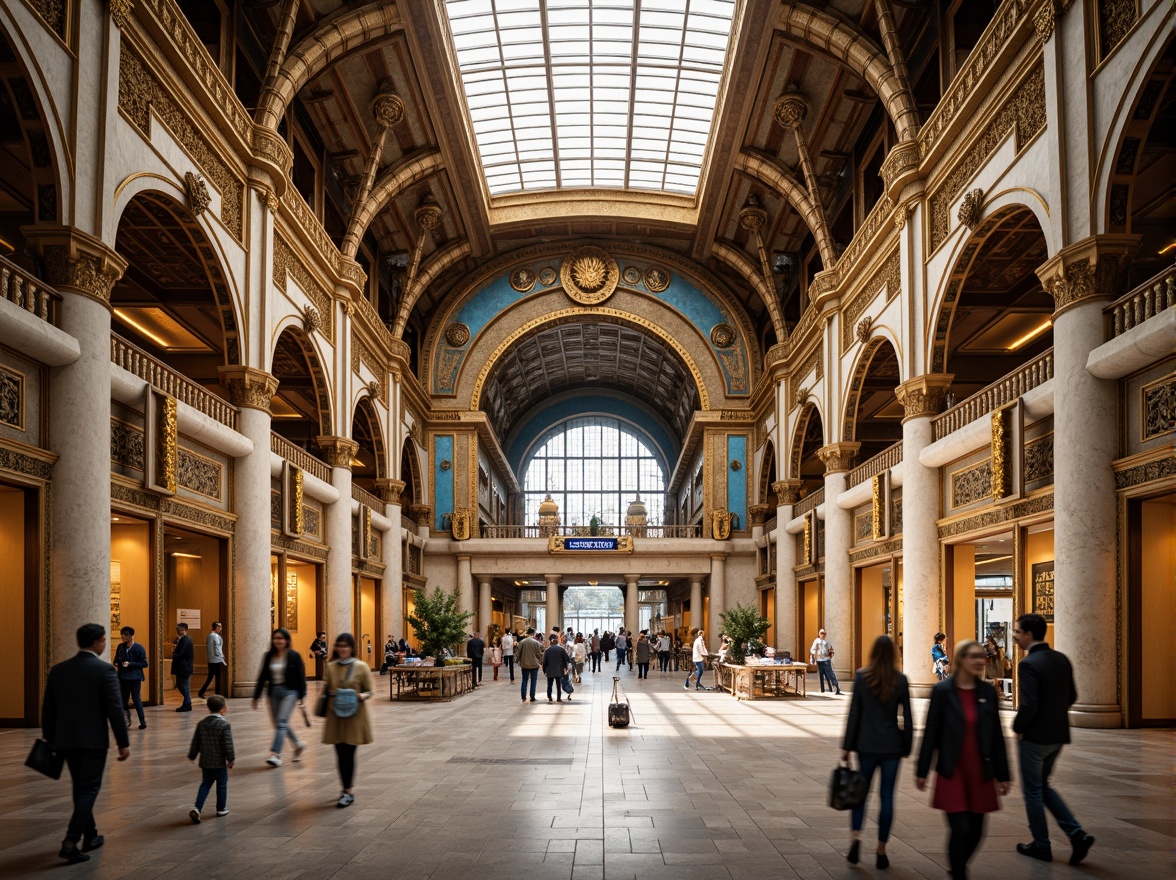 Prompt: Grand airport terminal, Byzantine-inspired facade, ornate arches, intricately carved stone columns, majestic domes, vibrant mosaics, gilded accents, grandiose entrance, sweeping curves, symmetrical composition, warm golden lighting, shallow depth of field, 1/2 composition, realistic textures, ambient occlusion, bustling atmosphere, busy travelers, airport signage, luggage carts, modern amenities, cultural fusion, eclectic architectural styles, monumental scale, dramatic skylight, ornate ceilings.