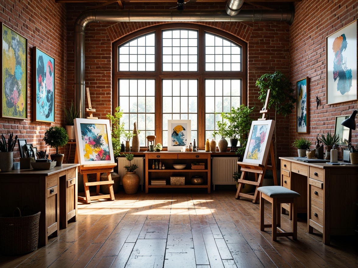 Prompt: Vibrant art studio, natural light pouring in, wooden easels, abstract artwork, colorful brushes, artistic supplies, eclectic decorative objects, distressed wood flooring, exposed brick walls, industrial chic decor, warm earthy tones, muted pastel hues, bold contrasting accents, harmonious color balance, analogous color scheme, monochromatic gradients, soft warm lighting, shallow depth of field, 3/4 composition, realistic textures, ambient occlusion.