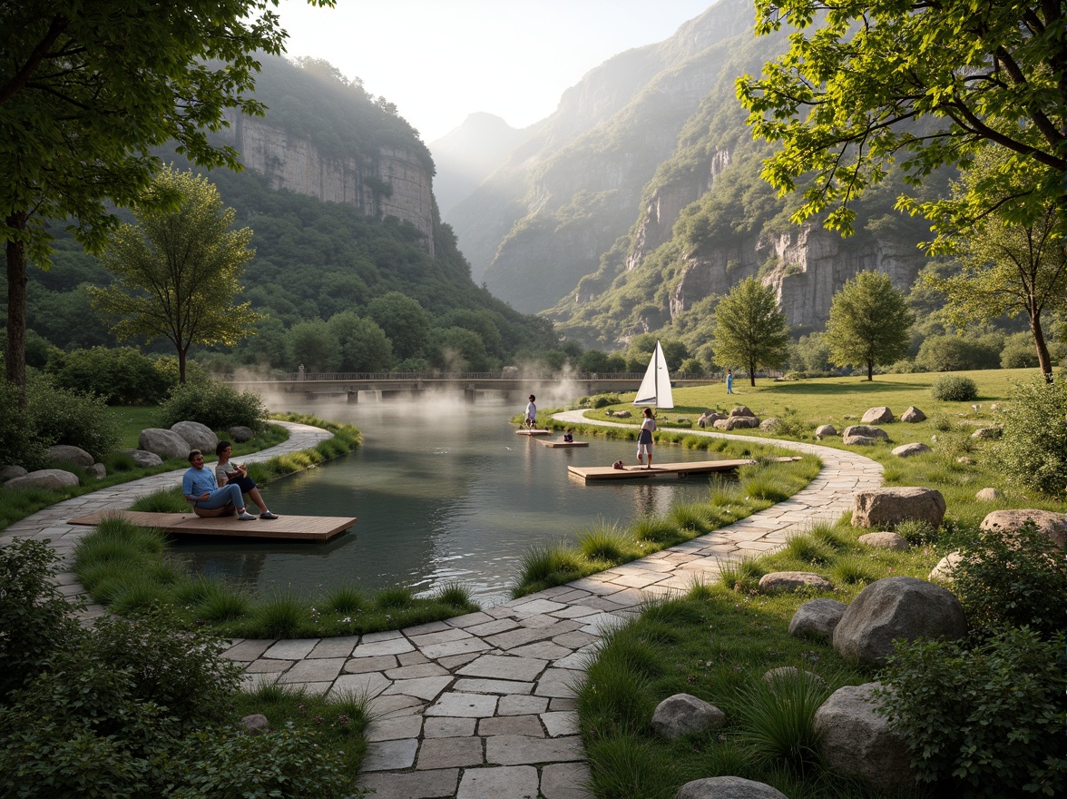 Prompt: Scenic riverbank, lush green vegetation, tranquil water flow, winding stone pathways, wooden docks, sailboats, kayaks, picturesque bridges, rustic benches, natural rock formations, gentle waterfalls, misty morning atmosphere, warm golden lighting, shallow depth of field, 1/2 composition, panoramic view, realistic textures, ambient occlusion.